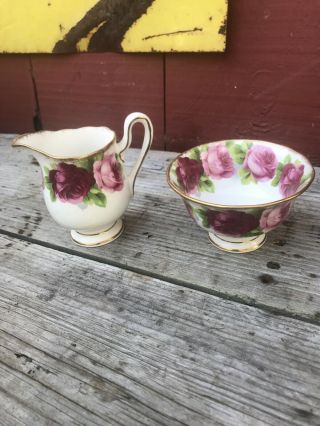 Royal Albert Old English Rose Pattern Creamer Sugar Bowl Vtg Rare Set Bone China