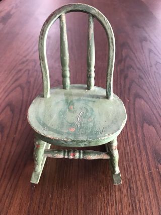 7” Tall Old Painted Wood Rocking Chair For Dolls - Bear
