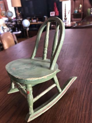 7” Tall Old Painted Wood Rocking Chair for Dolls - Bear 2