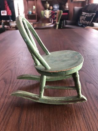 7” Tall Old Painted Wood Rocking Chair for Dolls - Bear 3
