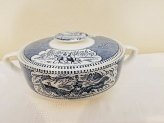 Vintage Currier and Ives Covered Casserole Dish,  blue, 2