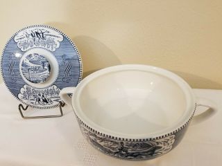 Vintage Currier and Ives Covered Casserole Dish,  blue, 3