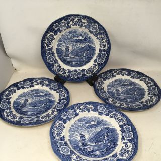 Set Of 4 Lochs Of Scotland Blue Royal Warwick Hand Engraved 10 " Dinner Plates