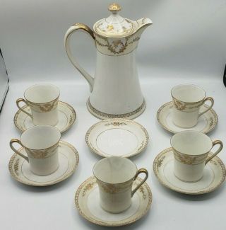 Noritake Gold Accent Roses Chocolate Set 9 " Pot 5 Cups 6 Saucers Marked