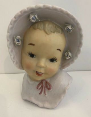 Vintage 1940s Baby Girl Head Vase Planter Pink Bonnet