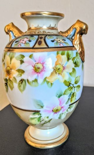 Antique Nippon Moriage Hand Painted Urn Vase Dbl Handle Beaded Gold 7 