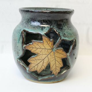 Studio Art Pottery Carved Openwork Leaf Blue Green Candle Holder Vase Signed 5 "