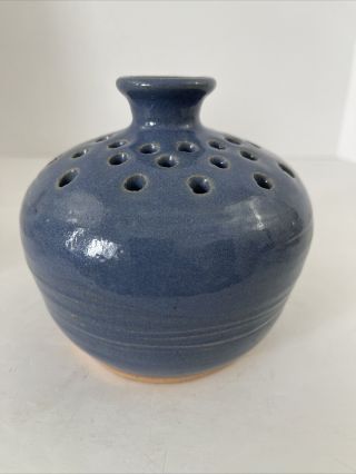 Vintage Studio Art Pottery Blue Glazed Flower Frog Vase Pot Signed