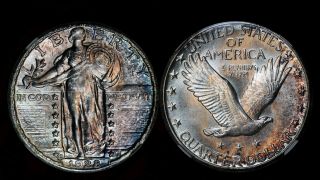1928 - S 25c Slq Standing Liberty Quarter Dollar Ngc Ms62 Color Toned Silver Type
