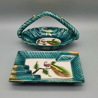 Mcm Vintage Sterling China Peacock Basket & Tray Dark Green Gold Accents Japan