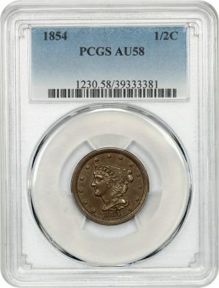 1854 1/2c Pcgs Au58 - Braided Hair Half Cents (1840 - 1857)