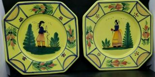 Hb Quimper France Pair 7.  5 " Octagon Yellow Soleil Plates Breton Woman And Man