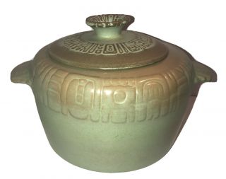 Vintage Frankoma Pottery 7w Prairie Green Mayan Aztec 2 Handles Covered Bean Pot