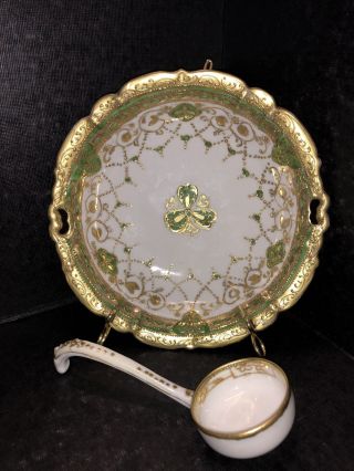 Antique Vtg Nippon Porcelain Hand Painted Gold Lidded Bowl & Spoon Set Very Rare