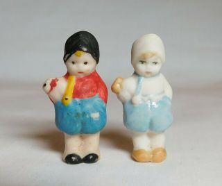 Antique 2 Miniature Tiny Bisque Children Dolls Holding Bunnies 1 - 1/4 " Unmarked