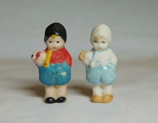 Antique 2 Miniature Tiny Bisque Children Dolls Holding Bunnies 1 - 1/4 