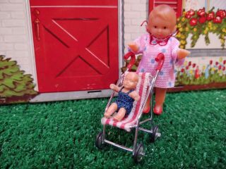 Girl Doll 3 " Germany? W/ Baby In Stroller Vintage Miniature Dollhouse Furniture