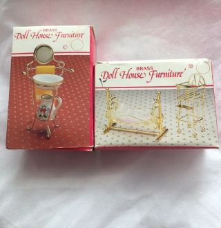 Vtg Doll House Furniture Brass Rocking Crib Cradle Highchair Washstand W/pitcher