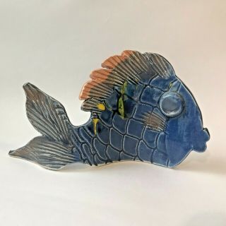 Ceramic Blue Fish - Standing Sculpture Folk Art - Handmade Pottery - 7.  5 "