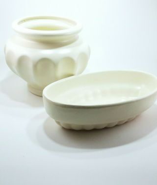 Haeger Pottery Ivory,  White Vase & Matching Oval Planter