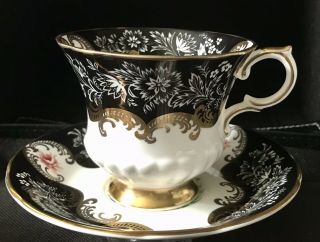 Vintage Paragon China Teacup & Saucer Black,  White & Gold,  Flowers,  Trenton
