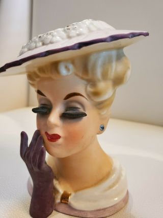 Vintage Ucagco Lady Head Vase - Japan 5 1/2 " - Purple Hat & Gloves,  " Diamonds "
