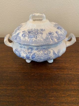 Antique Asiatic Pheasant Small Covered Soup Tureen Blue White Transferware