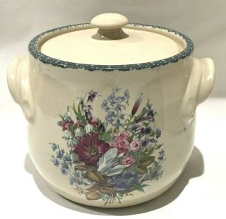 Home And Garden Party Floral Bean Pot Cookie Jar Crock W/ Lid Con.