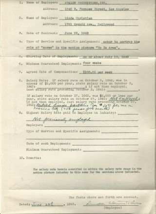 Linda Christian & Vintage 1943 Signed Contract For Up In Arms D.  2011