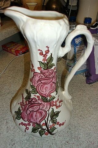 Vintage Cash Family Hand Painted Rose Floral,  11 " Pottery Pitcher