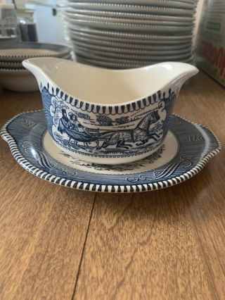 Royal China - Currier And Ives,  Gravy Boat And Lug Handled Underplate