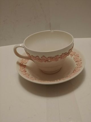 Wedgwood Of Etruria & Barlaston Embossed Queensware Cup And Saucer Pink & White
