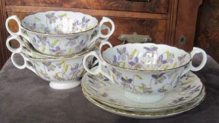 Cauldon Ware Purple And Yellow Violets Four Cream Soups & Two 6 " Plates
