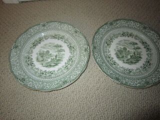 Two Antique Green Transferware Ridgeway Grecian Pattern 8” Plates