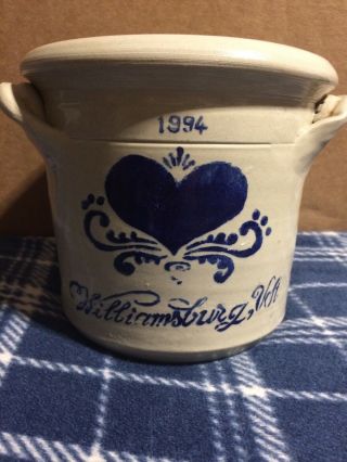 Williamsburg Va Pottery 5 " Salt Glazed Crock 1994 Virginia Heart Blue Design
