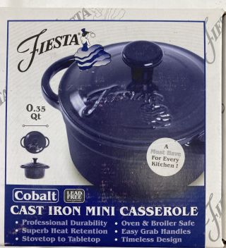 Nib Fiestaware Blue Cast Iron Mini Casserole/lid Dutch Oven, .  35 Qt,