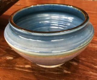 Hand Thrown Pottery Stoneware Bowl Stunning Blue Artist Signed 4”x5.  5” 3