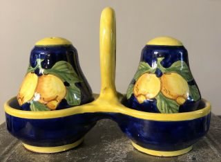 Hand Painted Salt & Pepper Set W/ Caddy Dipinto A Mano Italy Signed A Agata