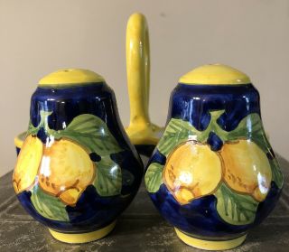 Hand Painted Salt & Pepper Set W/ Caddy Dipinto A Mano Italy Signed A Agata 3