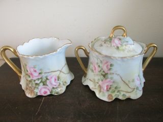 Z S & Co Bavaria Germany Handpainted Creamer And Sugar Bowl Roses Signed