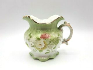 Antique W.  H.  Grindley Co.  England Creamer Green With Flowers And Gold Trim