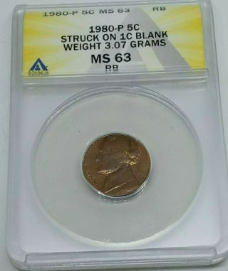 1980 P Ms 63 Rb Nickel Struck On Cent Planchet,  5c Struck On 1c Coin 3.  07 Grams