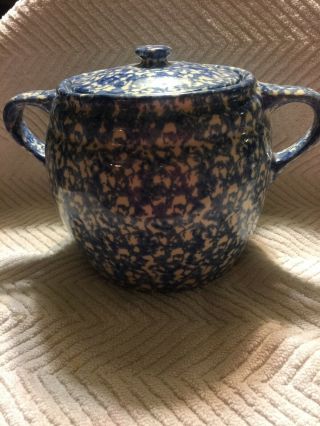 Friendship Pottery 3 Qt Bean Pot Cookie Jar Blue Roseville Spongeware Usa
