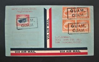1932 Registered Cover Guam To Los Angeles Us C3 Jenny C1 Block Of 4 Airmail Tied