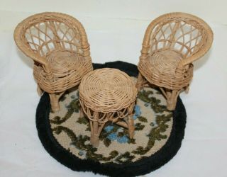 Miniature Wicker Furniture/ 2 Chairs And Table & Round Rug.  /doll Furniture Set