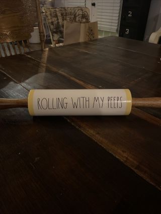 Rae Dunn Rolling Pin.  “rolling With My Peeps” Yellow And White