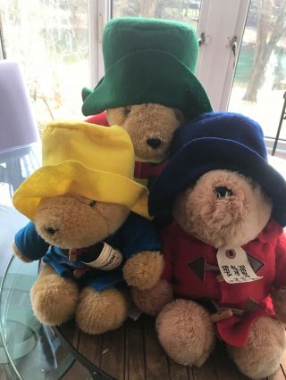 3 Paddington Bear Stuffed 14 " Plush Toys Red,  Blue & Yellow Hat For Display