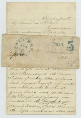 Mr Fancy Cancel Csa Stampless Cover Blue Columbia Sc Paid Circle Large5 Ascc$750