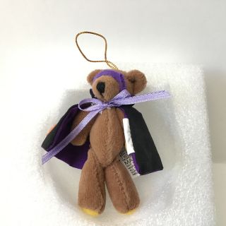 Halloween Bear Miniature Plush Ornament Dressed Up In Purple Mask & Black Cape