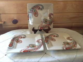 3 Tabletops Gallery Multi Paisley Hand Painted Square Salad Plates Euc